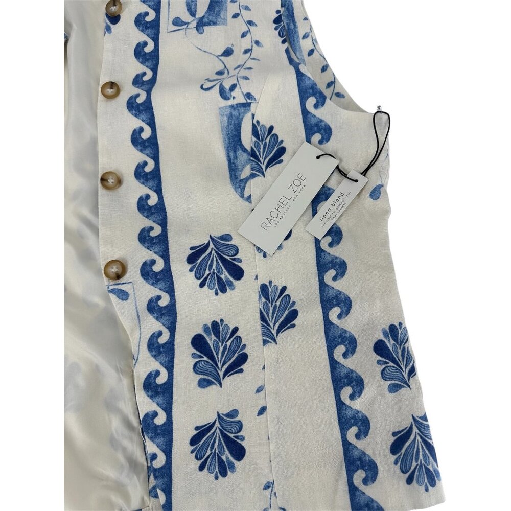 🌊 NWT Rachel Zoe Blue Ivory Linen Blend Baroque Print Top L 🌊 - Picture 7 of 8